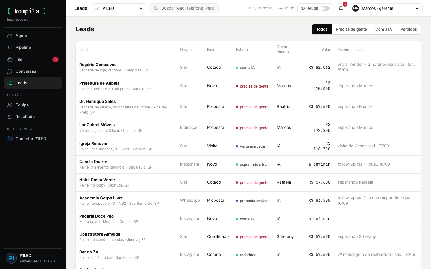 Tela do kompila .crm com a lista de leads que chegaram, origem e hora